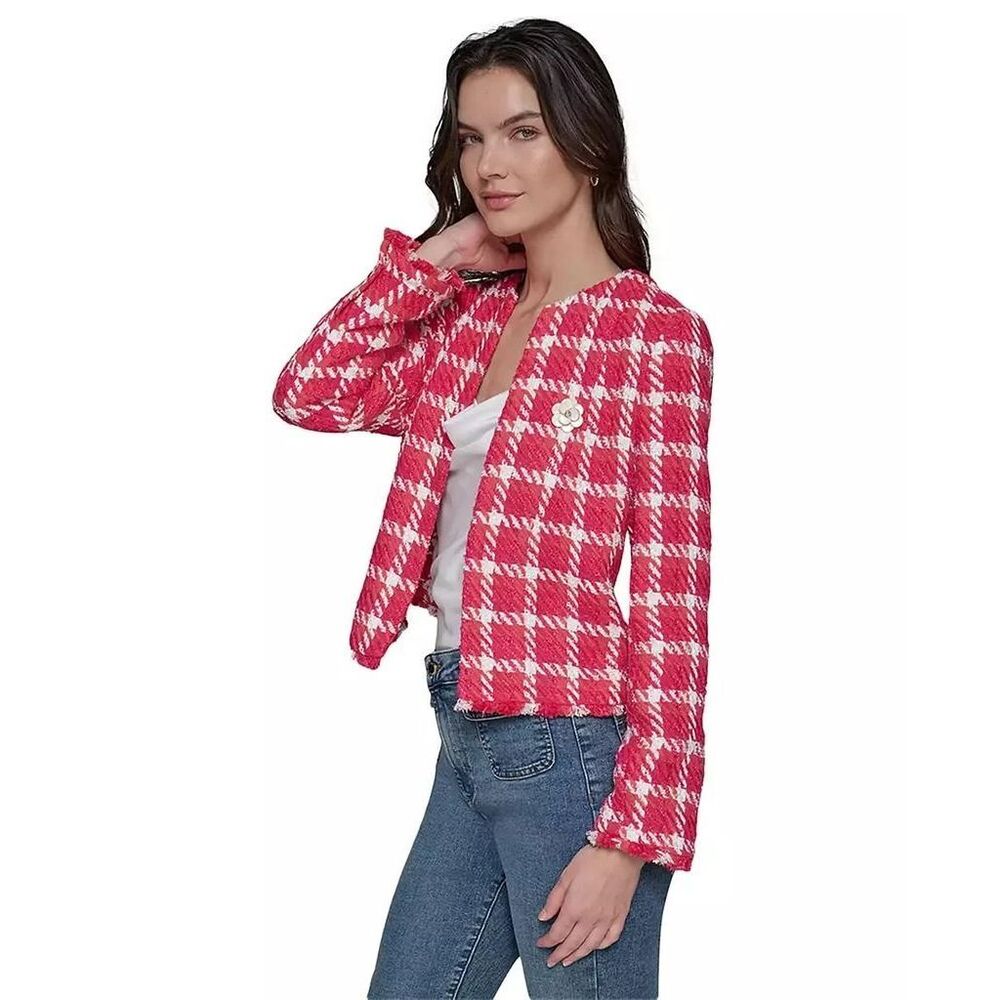 Karl Lagerfeld Paris Open Front Plaid Chic Tweed Jacket Teaberry/White 10 Petite